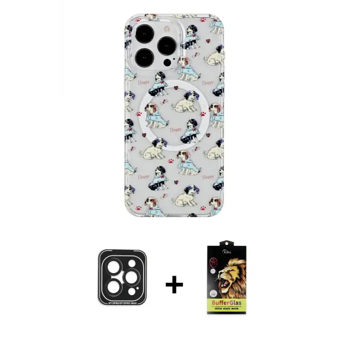 ieg™ iPhone 15 Pro Max Kılıf Pusula Form - Siyah Buffer Cam Ekran Koruyucu + PVD Metal Kamera Lens - SH