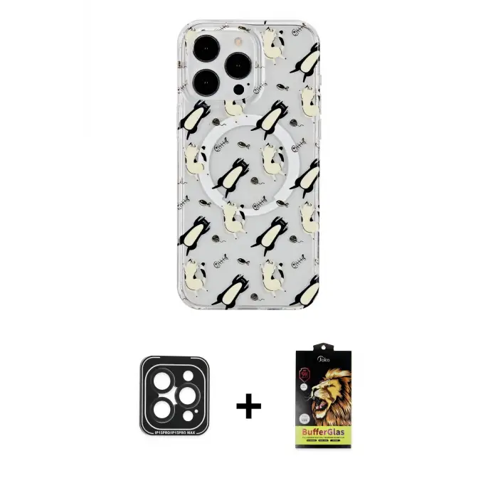 ieg™ iPhone 15 Pro Max Kılıf Pusula Form - Siyah Buffer Cam Ekran Koruyucu + PVD Metal Kamera Lens - SH