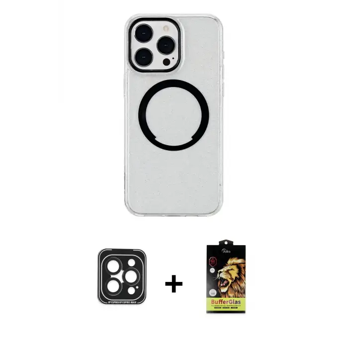 ieg™ iPhone 15 Pro Max Kılıf Pusula Form - Siyah Buffer Cam Ekran Koruyucu + PVD Metal Kamera Lens - SH