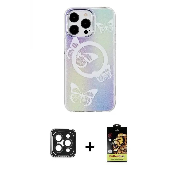 ieg™ iPhone 15 Pro Max Kılıf Pusula Form - Siyah Buffer Cam Ekran Koruyucu + PVD Metal Kamera Lens - SH