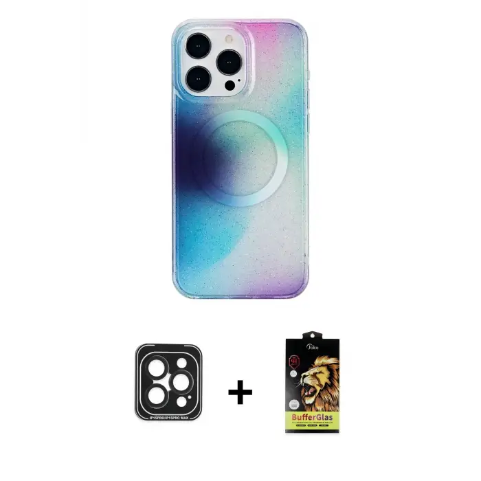 ieg™ iPhone 15 Pro Max Kılıf Pusula Form - Siyah Buffer Cam Ekran Koruyucu + PVD Metal Kamera Lens - SH