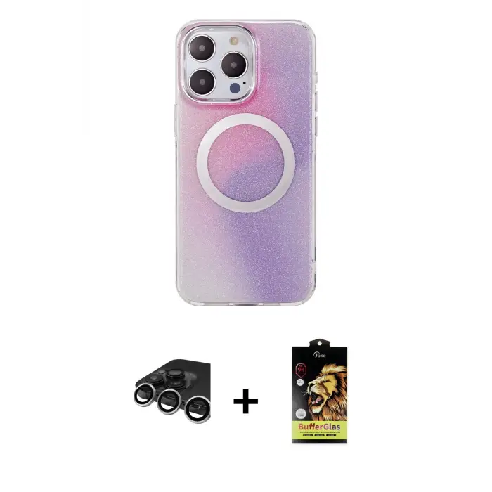 ieg™ iPhone 15 Pro Max Kılıf Pusula Form - Siyah Buffer Cam Ekran Koruyucu + Raze Metal Kamera Lens - GS