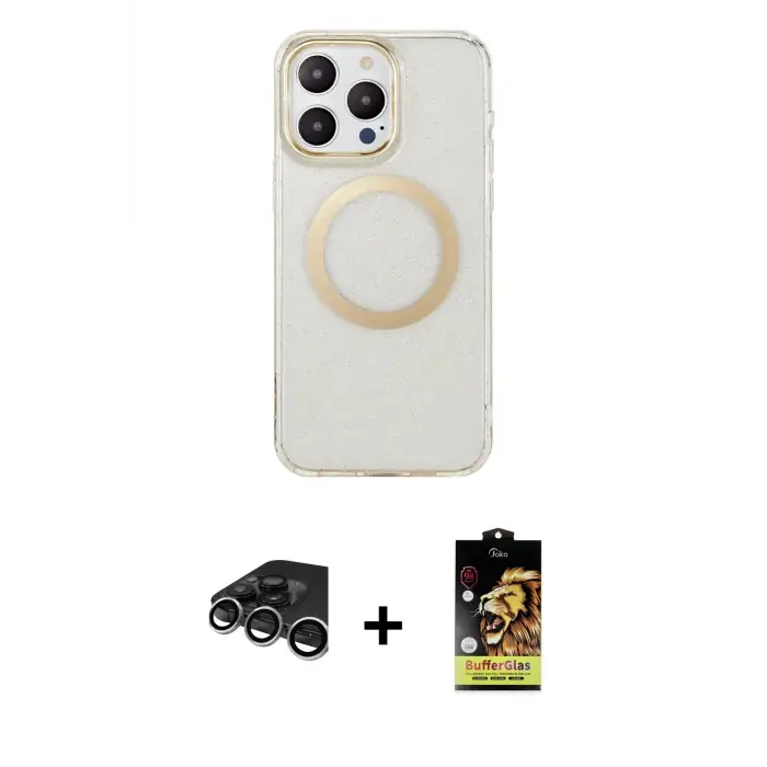 ieg™ iPhone 15 Pro Max Kılıf Pusula Form - Siyah Buffer Cam Ekran Koruyucu + Raze Metal Kamera Lens - GS