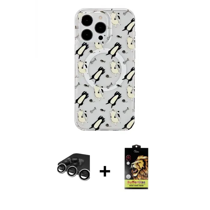 ieg™ iPhone 15 Pro Max Kılıf Pusula Form - Siyah Buffer Cam Ekran Koruyucu + Raze Metal Kamera Lens - GS