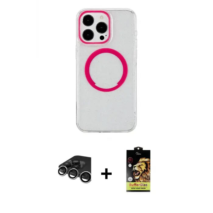 ieg™ iPhone 15 Pro Max Kılıf Pusula Form - Siyah Buffer Cam Ekran Koruyucu + Raze Metal Kamera Lens - GS