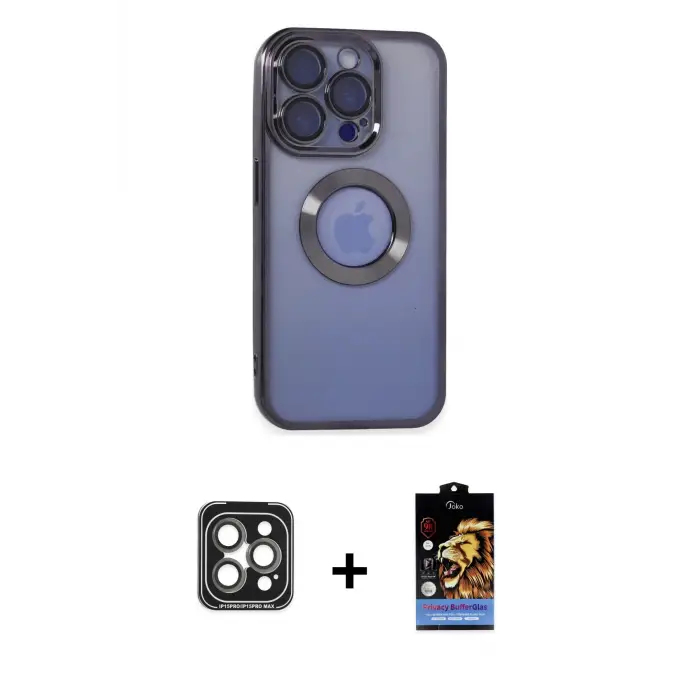 ieg™ iPhone 15 Pro Max Kılıf Pusula Form - Siyah Buffer Hayalet Cam Ekran Koruyucu + PVD Metal Kamera Lens - GI