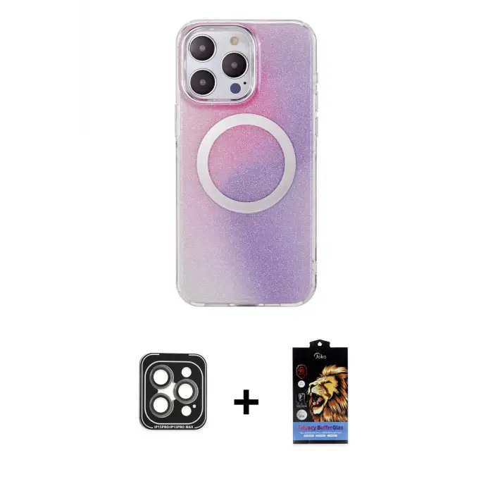 ieg™ iPhone 15 Pro Max Kılıf Pusula Form - Siyah Buffer Hayalet Cam Ekran Koruyucu + PVD Metal Kamera Lens - GI