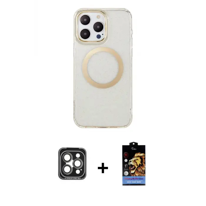 ieg™ iPhone 15 Pro Max Kılıf Pusula Form - Siyah Buffer Hayalet Cam Ekran Koruyucu + PVD Metal Kamera Lens - GI