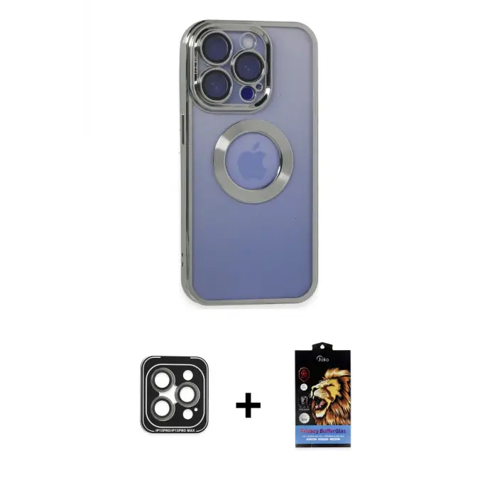 ieg™ iPhone 15 Pro Max Kılıf Pusula Form - Siyah Buffer Hayalet Cam Ekran Koruyucu + PVD Metal Kamera Lens - GI