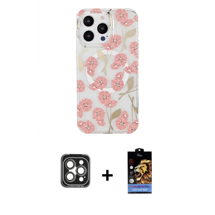 ieg™ iPhone 15 Pro Max Kılıf Pusula Form - Siyah Buffer Hayalet Cam Ekran Koruyucu + PVD Metal Kamera Lens - GI