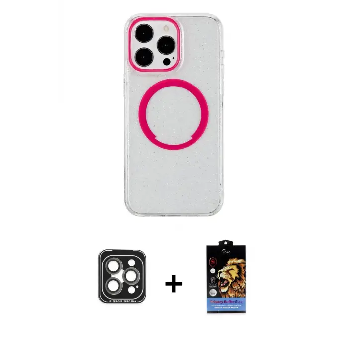 ieg™ iPhone 15 Pro Max Kılıf Pusula Form - Siyah Buffer Hayalet Cam Ekran Koruyucu + PVD Metal Kamera Lens - GI