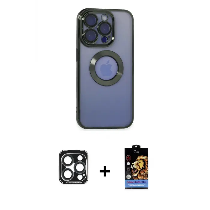 ieg™ iPhone 15 Pro Max Kılıf Pusula Form - Siyah Buffer Hayalet Cam Ekran Koruyucu + PVD Metal Kamera Lens - LT