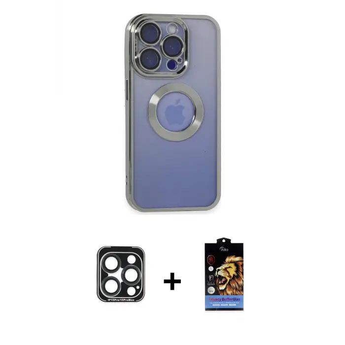 ieg™ iPhone 15 Pro Max Kılıf Pusula Form - Siyah Buffer Hayalet Cam Ekran Koruyucu + PVD Metal Kamera Lens - LT