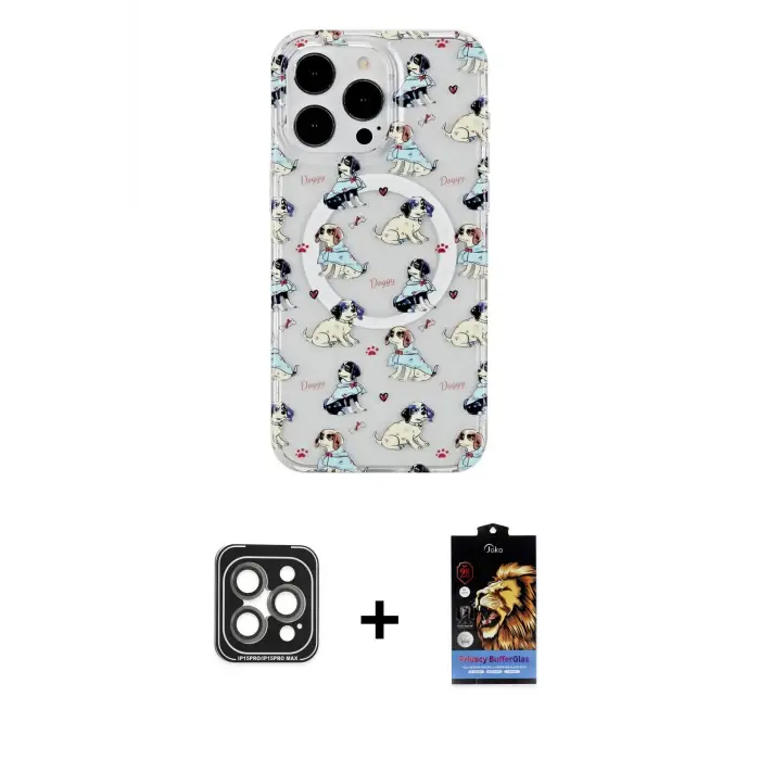 ieg™ iPhone 15 Pro Max Kılıf Pusula Form - Siyah Buffer Hayalet Cam Ekran Koruyucu + PVD Metal Kamera Lens - GI