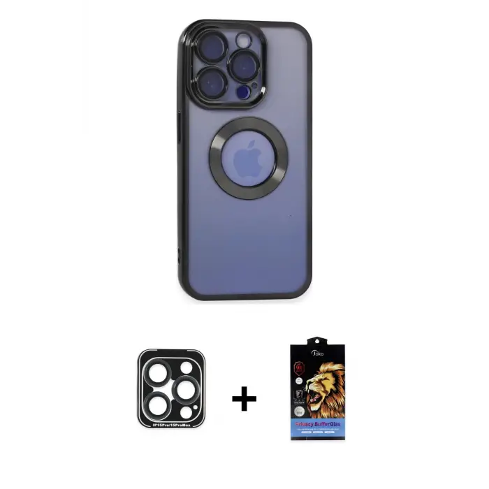 ieg™ iPhone 15 Pro Max Kılıf Pusula Form - Siyah Buffer Hayalet Cam Ekran Koruyucu + PVD Metal Kamera Lens - LT