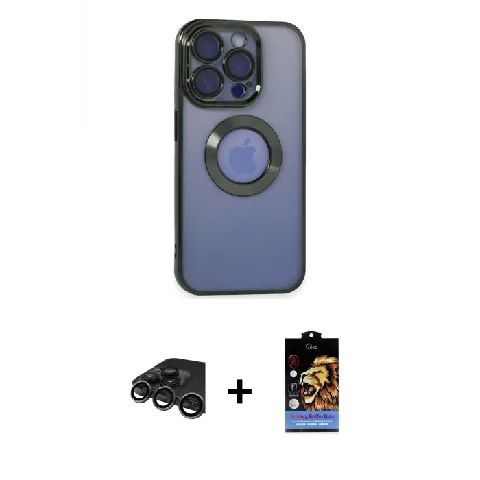 ieg™ iPhone 15 Pro Max Kılıf Pusula Form - Siyah Buffer Hayalet Cam Ekran Koruyucu + Raze Metal Kamera Lens - TMGI