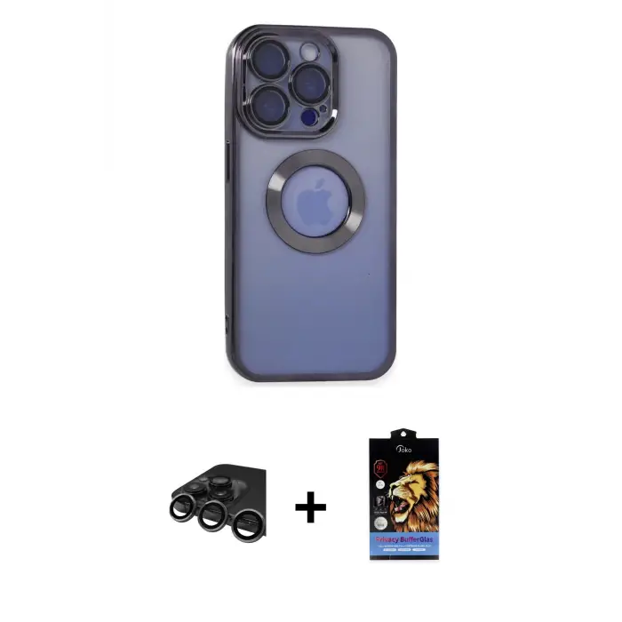 ieg™ iPhone 15 Pro Max Kılıf Pusula Form - Siyah Buffer Hayalet Cam Ekran Koruyucu + Raze Metal Kamera Lens - TMGI