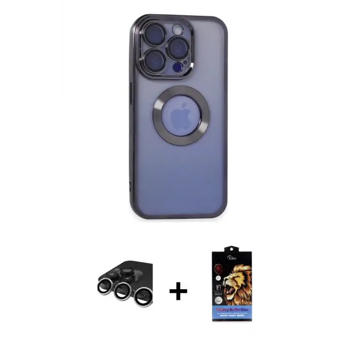 ieg™ iPhone 15 Pro Max Kılıf Pusula Form - Siyah Buffer Hayalet Cam Ekran Koruyucu + Raze Metal Kamera Lens - GS