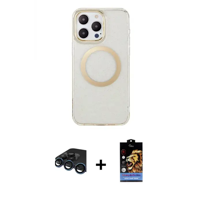 ieg™ iPhone 15 Pro Max Kılıf Pusula Form - Siyah Buffer Hayalet Cam Ekran Koruyucu + Raze Metal Kamera Lens - LT