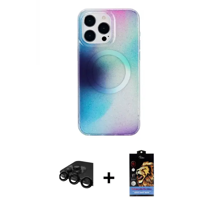 ieg™ iPhone 15 Pro Max Kılıf Pusula Form - Siyah Buffer Hayalet Cam Ekran Koruyucu + Raze Metal Kamera Lens - SH