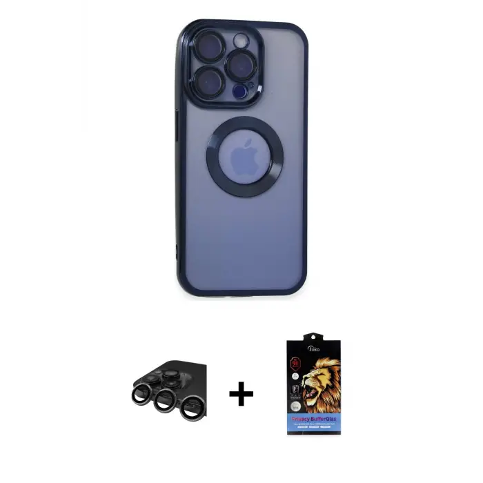 ieg™ iPhone 15 Pro Max Kılıf Pusula Form - Siyah Buffer Hayalet Cam Ekran Koruyucu + Raze Metal Kamera Lens - TMGI