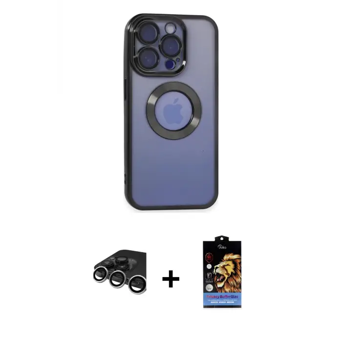 ieg™ iPhone 15 Pro Max Kılıf Pusula Form - Siyah Buffer Hayalet Cam Ekran Koruyucu + Raze Metal Kamera Lens - GS