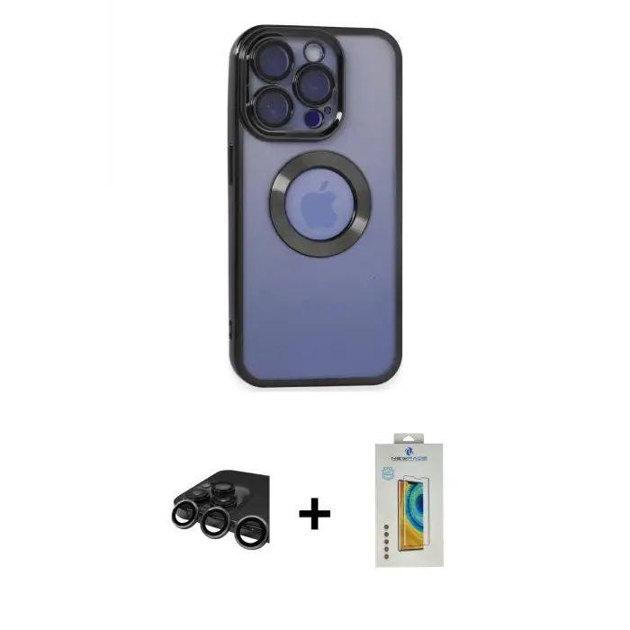 ieg™ iPhone 15 Pro Max Kılıf Pusula Form - Siyah Polymer Nano Ekran Koruyucu + Raze Metal Kamera Lens - TMGI