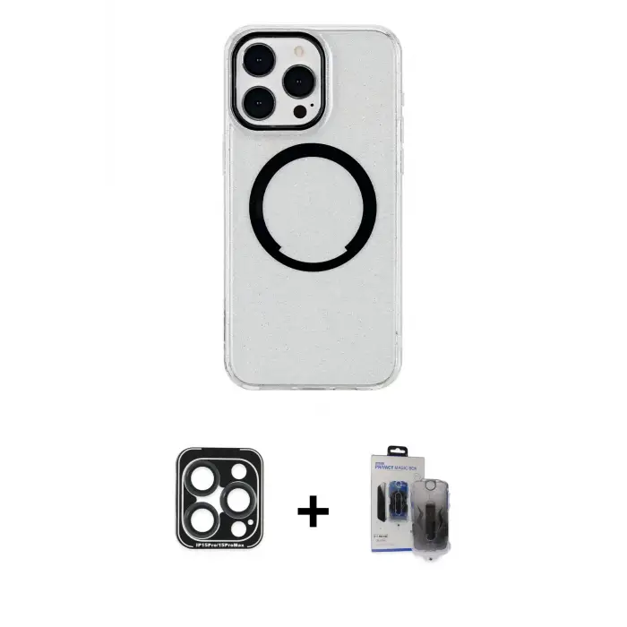 ieg™ iPhone 15 Pro Max Kılıf Pusula Form - Siyah Vanessa Magic Hayalet Cam + PVD Metal Kamera Lens - LT