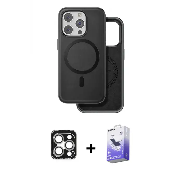 ieg™ iPhone 15 Pro Max Kılıf Pusula Işık Koleksiyonu - Siyah Bilvis 5in1 5D Magic Hayalet Cam Ekran Koruyucu + PVD Metal Kamera Lens - GS