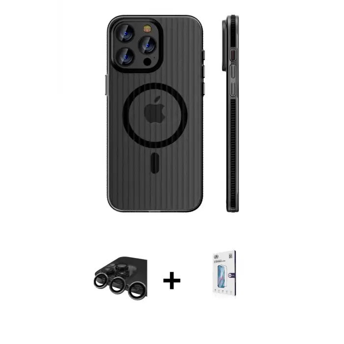 ieg™ iPhone 15 Pro Max Kılıf Pusula Minimal Koleksiyonu - Siyah Bilvis 0.18mm Plus Cam Ekran Koruyucu + Raze Metal Kamera Lens - TMGI