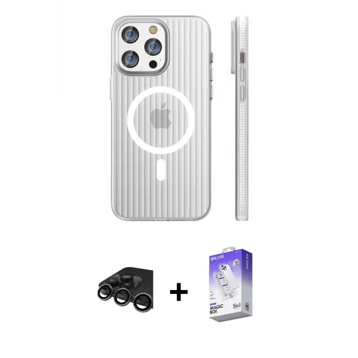 ieg™ iPhone 15 Pro Max Kılıf Pusula Minimal Koleksiyonu - Siyah Bilvis 5in1 3D Magic Cam Ekran Koruyucu + Raze Metal Kamera Lens - TMGI