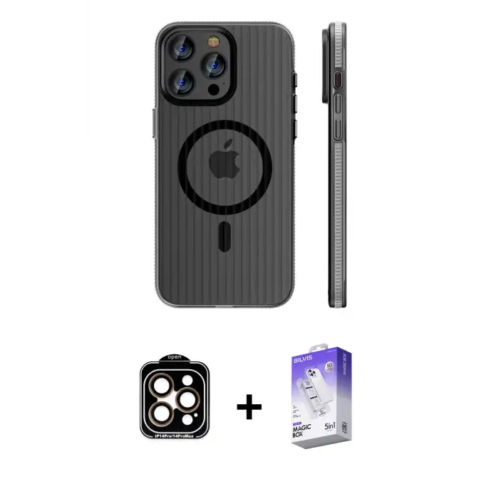 ieg™ iPhone 15 Pro Max Kılıf Pusula Minimal Koleksiyonu - Siyah Bilvis 5in1 3D Magic Cam Ekran Koruyucu + PVD Metal Kamera Lens - TU