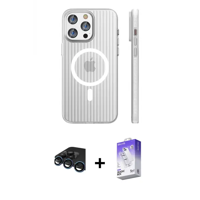 ieg™ iPhone 15 Pro Max Kılıf Pusula Minimal Koleksiyonu - Siyah Bilvis 5in1 3D Magic Cam Ekran Koruyucu + Raze Metal Kamera Lens - LT