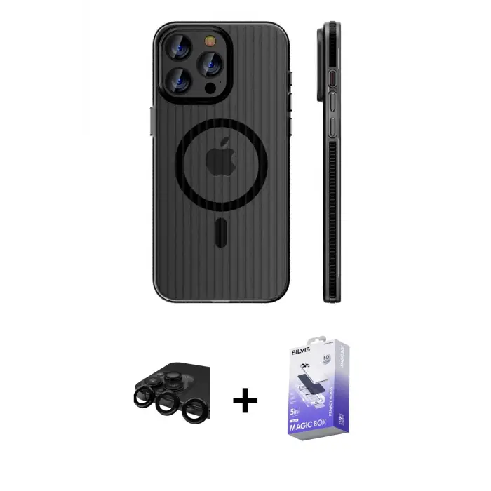 ieg™ iPhone 15 Pro Max Kılıf Pusula Minimal Koleksiyonu - Siyah Bilvis 5in1 5D Magic Hayalet Cam Ekran Koruyucu + Raze Metal Kamera Lens - SH