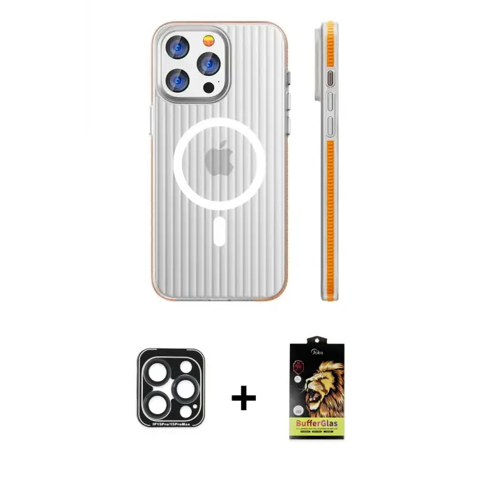 ieg™ iPhone 15 Pro Max Kılıf Pusula Minimal Koleksiyonu - Siyah Buffer Cam Ekran Koruyucu + PVD Metal Kamera Lens - LT