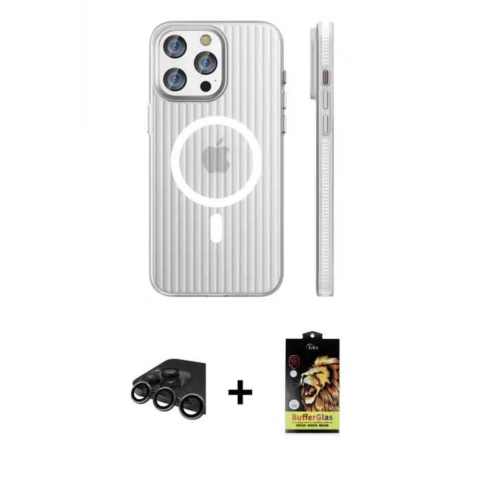 ieg™ iPhone 15 Pro Max Kılıf Pusula Minimal Koleksiyonu - Siyah Buffer Cam Ekran Koruyucu + Raze Metal Kamera Lens - TMGI
