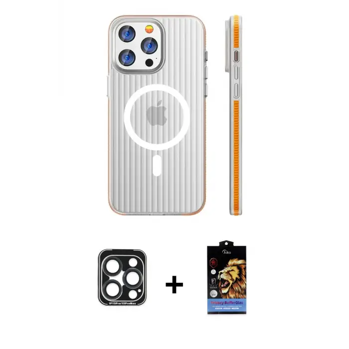 ieg™ iPhone 15 Pro Max Kılıf Pusula Minimal Koleksiyonu - Siyah Buffer Hayalet Cam Ekran Koruyucu + PVD Metal Kamera Lens - LT