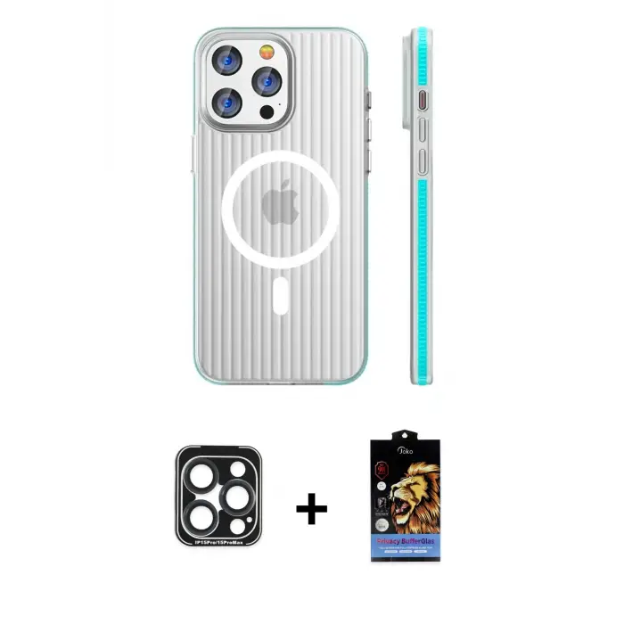 ieg™ iPhone 15 Pro Max Kılıf Pusula Minimal Koleksiyonu - Siyah Buffer Hayalet Cam Ekran Koruyucu + PVD Metal Kamera Lens - LT
