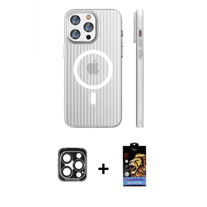 ieg™ iPhone 15 Pro Max Kılıf Pusula Minimal Koleksiyonu - Siyah Buffer Hayalet Cam Ekran Koruyucu + PVD Metal Kamera Lens - LT