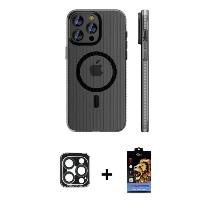 ieg™ iPhone 15 Pro Max Kılıf Pusula Minimal Koleksiyonu - Siyah Buffer Hayalet Cam Ekran Koruyucu + PVD Metal Kamera Lens - LT
