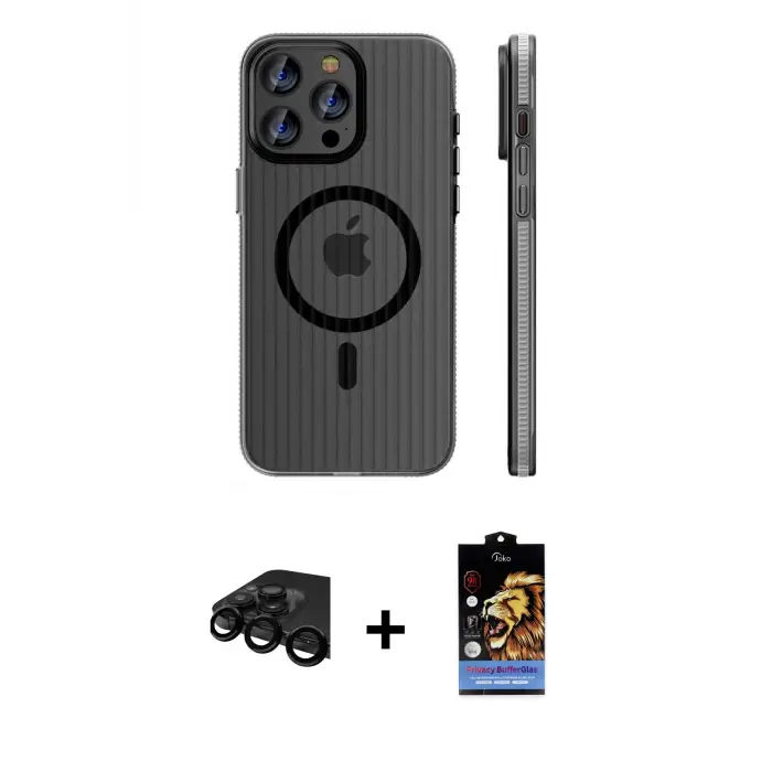 ieg™ iPhone 15 Pro Max Kılıf Pusula Minimal Koleksiyonu - Siyah Buffer Hayalet Cam Ekran Koruyucu + Raze Metal Kamera Lens - SH