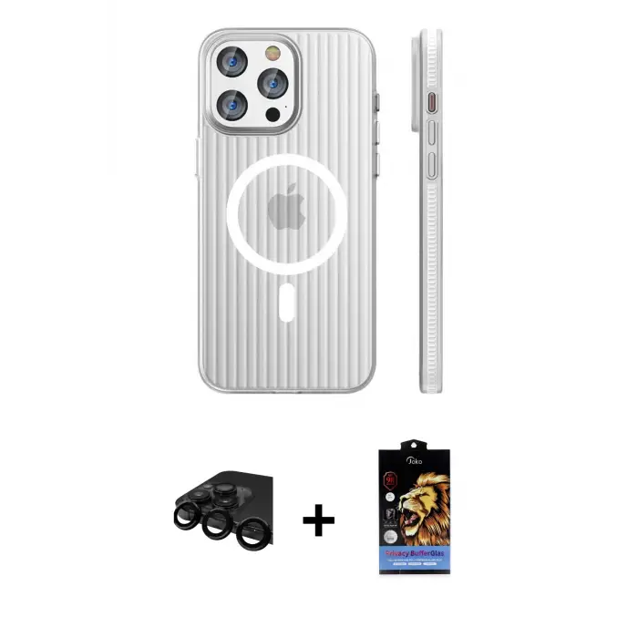 ieg™ iPhone 15 Pro Max Kılıf Pusula Minimal Koleksiyonu - Siyah Buffer Hayalet Cam Ekran Koruyucu + Raze Metal Kamera Lens - SH