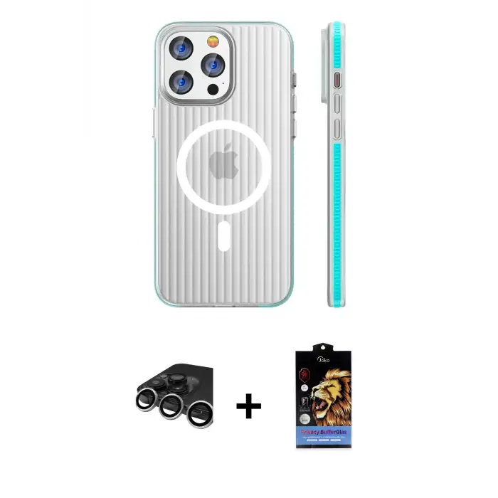 ieg™ iPhone 15 Pro Max Kılıf Pusula Minimal Koleksiyonu - Siyah Buffer Hayalet Cam Ekran Koruyucu + Raze Metal Kamera Lens - GS
