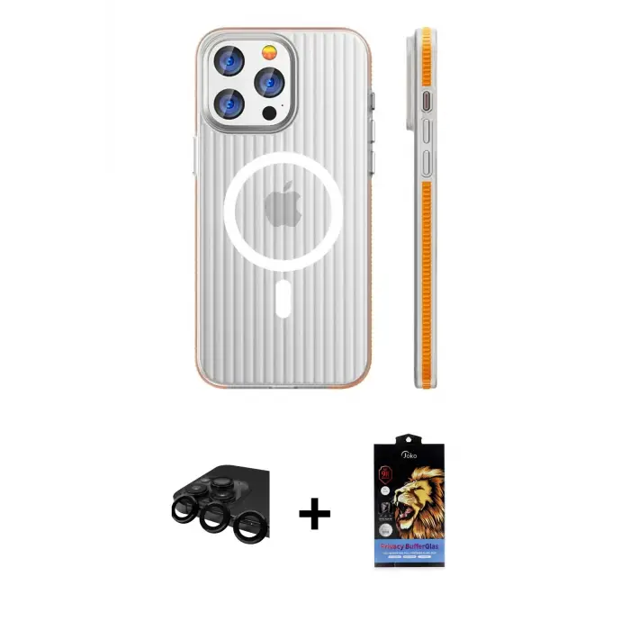 ieg™ iPhone 15 Pro Max Kılıf Pusula Minimal Koleksiyonu - Siyah Buffer Hayalet Cam Ekran Koruyucu + Raze Metal Kamera Lens - SH