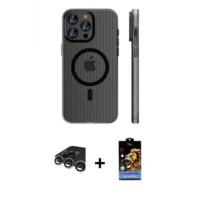 ieg™ iPhone 15 Pro Max Kılıf Pusula Minimal Koleksiyonu - Siyah Buffer Hayalet Cam Ekran Koruyucu + Raze Metal Kamera Lens - GS