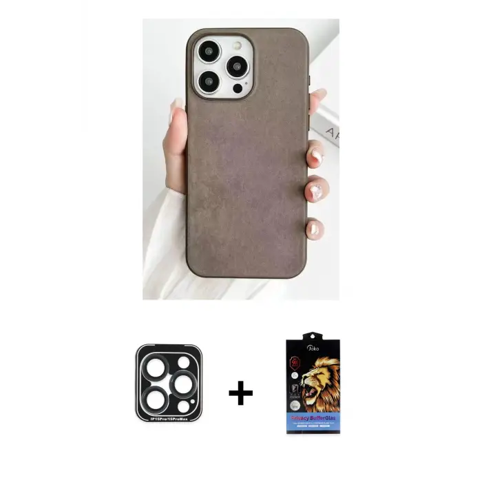 ieg™ iPhone 15 Pro Max Kılıf Pusula Modern - Siyah Buffer Hayalet Cam Ekran Koruyucu + PVD Metal Kamera Lens - LT