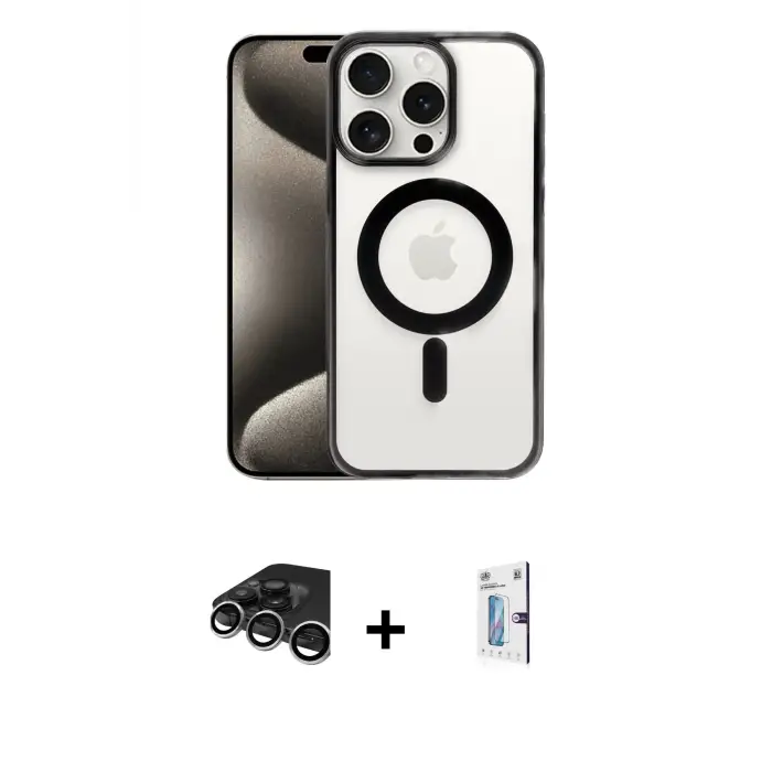 ieg™ iPhone 15 Pro Max Kılıf Siluet Çizgi Serisi - Siyah Bilvis 0.18mm Plus Cam Ekran Koruyucu + Raze Metal Kamera Lens - GS