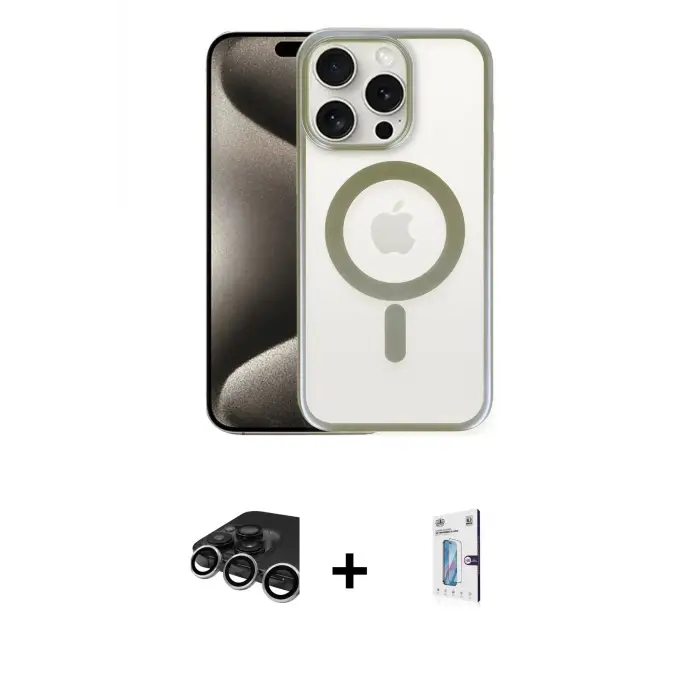 ieg™ iPhone 15 Pro Max Kılıf Siluet Çizgi Serisi - Siyah Bilvis 0.18mm Plus Cam Ekran Koruyucu + Raze Metal Kamera Lens - GS
