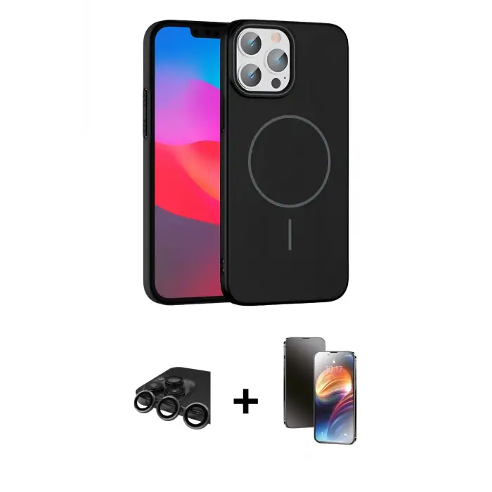 ieg™ iPhone 15 Pro Max Kılıf Siluet Doku Özel Seri - Siyah 3D Antistatik Mat Seramik Nano Ekran Koruyucu + Raze Metal Kamera Lens - TMGI