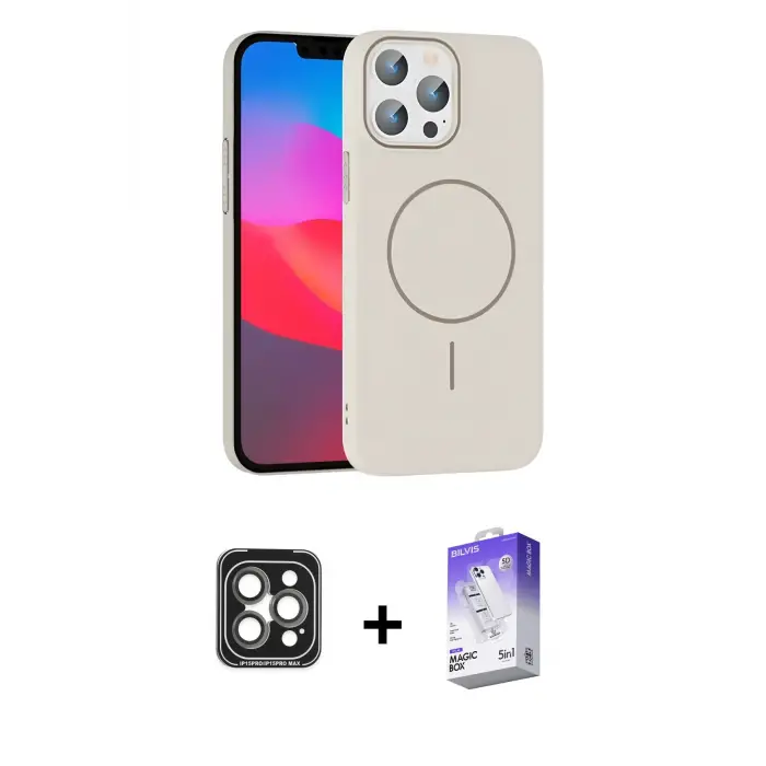 ieg™ iPhone 15 Pro Max Kılıf Siluet Doku Özel Seri - Siyah Bilvis 5in1 3D Magic Cam Ekran Koruyucu + PVD Metal Kamera Lens - GI